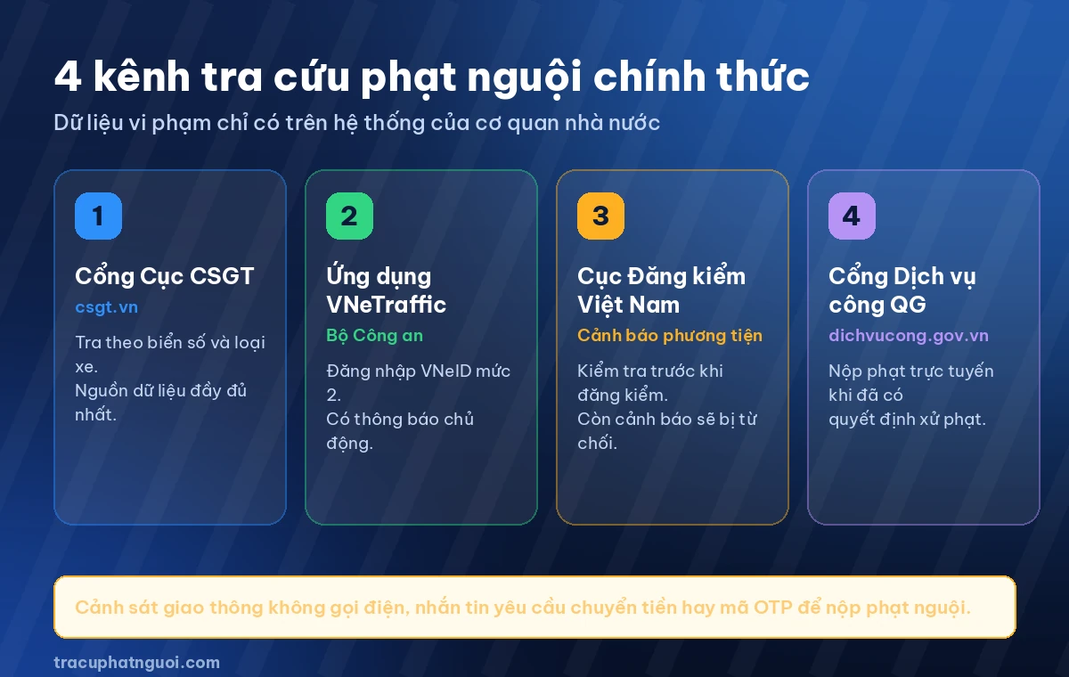 Bốn kênh tra cứu phạt nguội chính thức: cổng Cục CSGT, ứng dụng VNeTraffic, Cục Đăng kiểm Việt Nam và Cổng Dịch vụ công Quốc gia